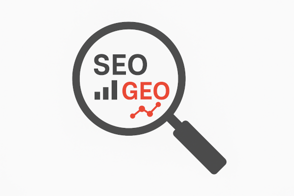Lupe mit SEO- und GEO-Schriftzug als Symbol für moderne Generative Engine Optimization