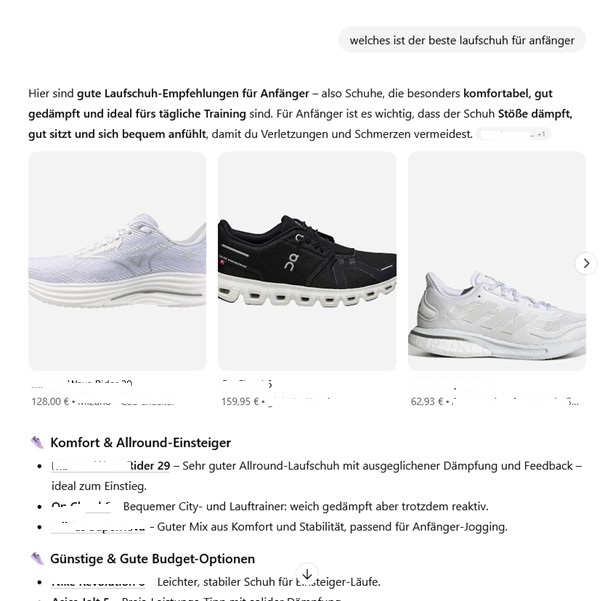 Ausschnitt Ergebnis in ChatGPT der beste Laufschuh 