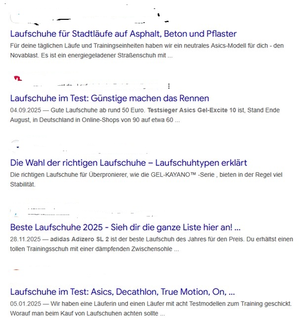 Beschreibung Link Liste blaue Links von Google Suchergebnisse für der beste Laufschuh