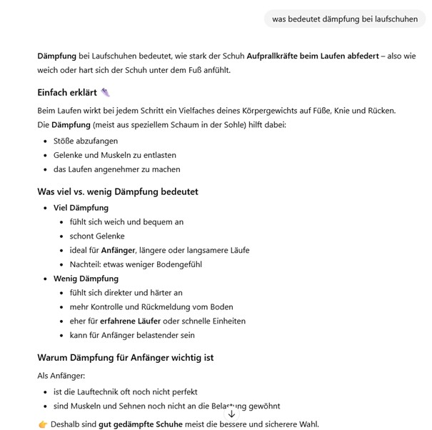 Auszug Antwort ChatGPT  für was bedeutet Dämpfung bei Laufschuhen