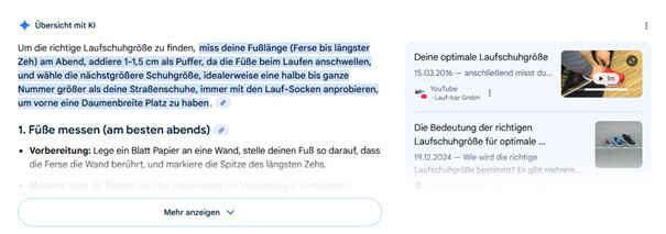 Ausschnitt aus AI Overwies Antwort wie finde ich die richtige Laufschuhgröße