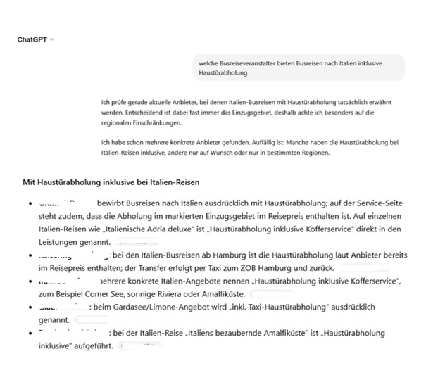 Neue KI Suche Antwort von ChatGpt zu Busreisen Italien mit Haustürabholung