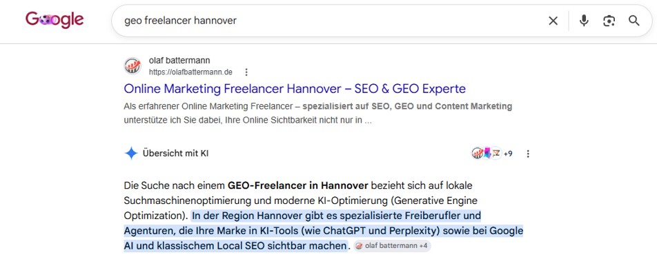 Screenshot Google AI Overview: Olaf Battermann als GEO Freelancer für die Suchanfrage "geo freelancer hannover" zitiert