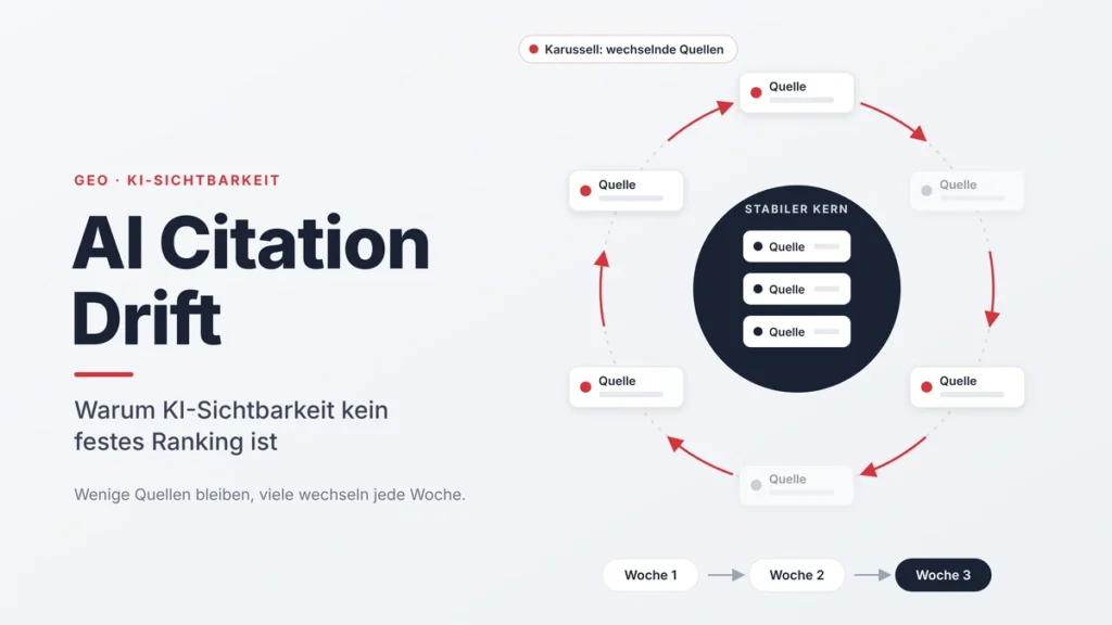 AI Citation Drift: ein fester Kern weniger Quellen in der Mitte, umgeben von einem Karussell wechselnder Quellen in KI-Antworten