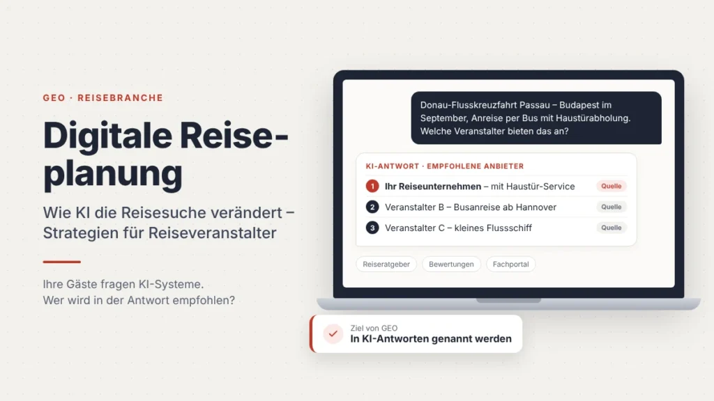 Digitale Reiseplanung mit KI: Laptop mit einer KI-Antwort auf die Frage nach einer Donau-Flusskreuzfahrt mit Haustürabholung, in der ein Reiseveranstalter als Quelle empfohlen wird
