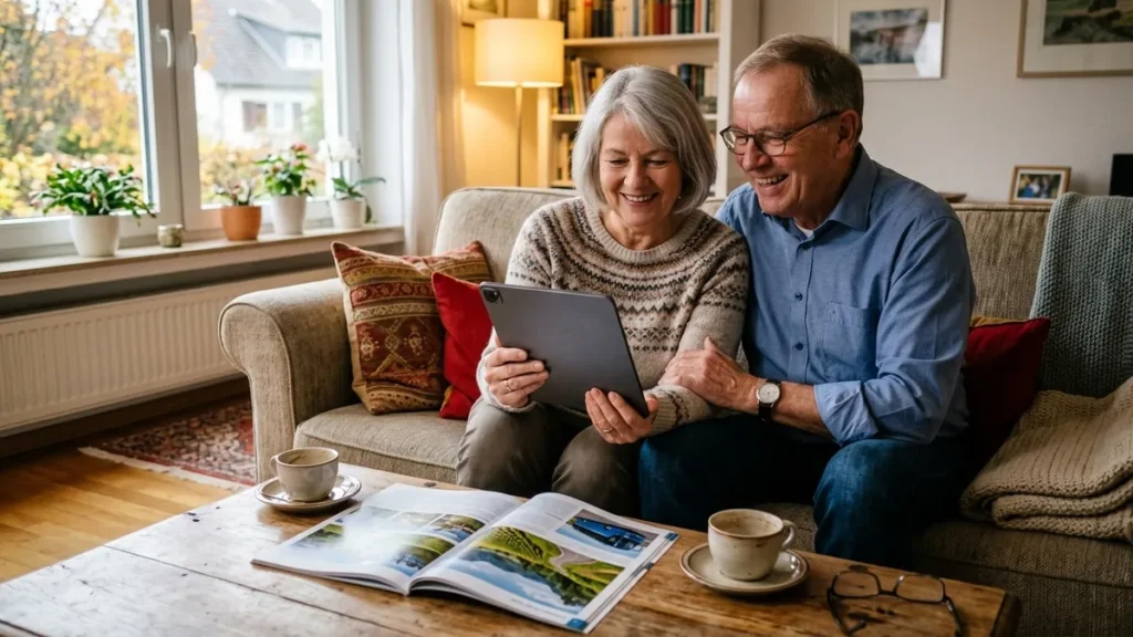 Älteres Paar plant auf dem Sofa eine Reise mit Tablet und gedrucktem Reisekatalog