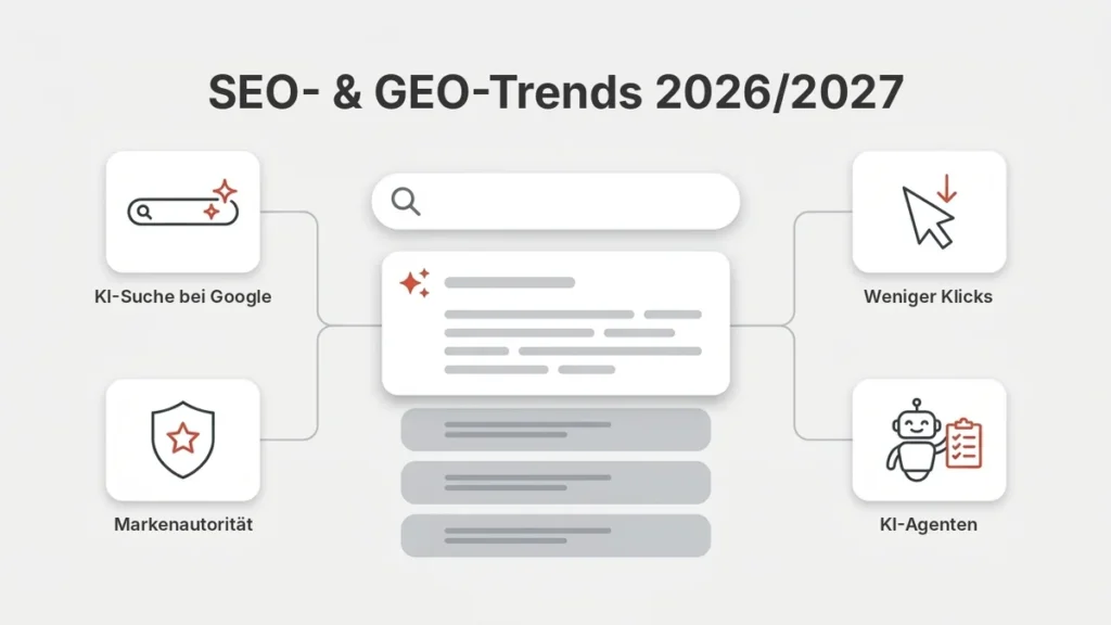 SEO- und GEO-Trends 2026/2027: Suchfeld mit KI-Antwort und klassischen Suchergebnissen, umgeben von KI-Suche bei Google, weniger Klicks, Markenautorität und KI-Agenten